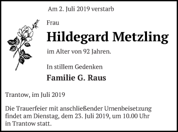 Traueranzeige von Hildegard Metzling von Vorpommern Kurier