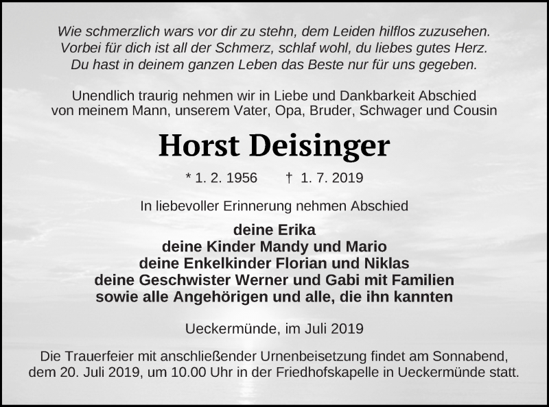 Traueranzeige für Horst Deisinger vom 13.07.2019 aus Haff-Zeitung