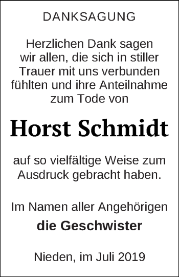 Traueranzeige von Horst Schmidt von Pasewalker Zeitung