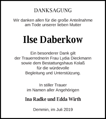 Traueranzeige von Ilse Daberkow von Demminer Zeitung