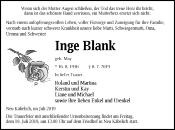 Traueranzeige von Inge Blank von Neubrandenburger Zeitung