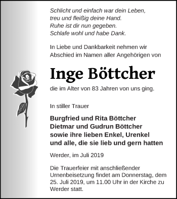 Traueranzeige von Inge Böttcher von Neubrandenburger Zeitung