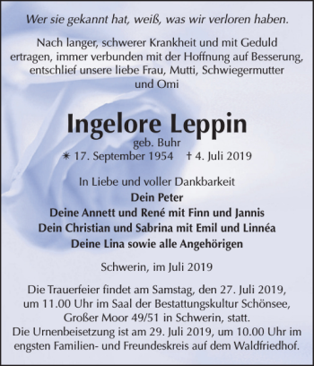 Traueranzeige von Ingelore Leppin von Zeitung für die Landeshauptstadt