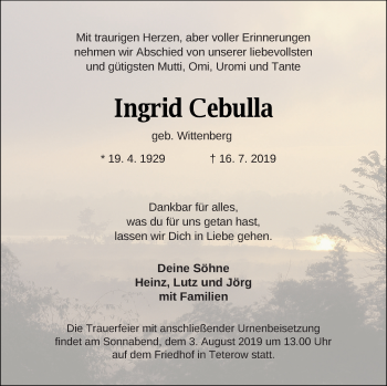 Traueranzeige von Ingrid Cebulla von Mecklenburger Schweiz