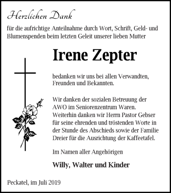 Traueranzeige von Irene Zepter von Müritz-Zeitung