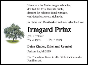 Traueranzeige von Irmgard Prinz von Pasewalker Zeitung