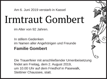 Traueranzeige von Irmtraut Gombert von Pasewalker Zeitung