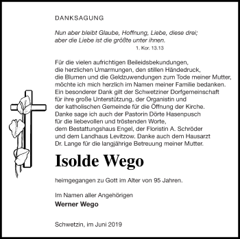 Traueranzeige von Isolde Wego von Mecklenburger Schweiz