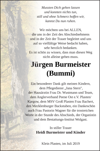 Traueranzeige von Jürgen Burmeister von Müritz-Zeitung