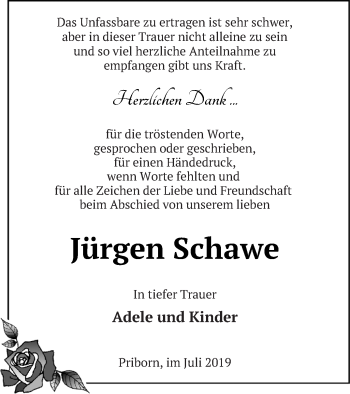 Traueranzeige von Jürgen Schawe von Müritz-Zeitung