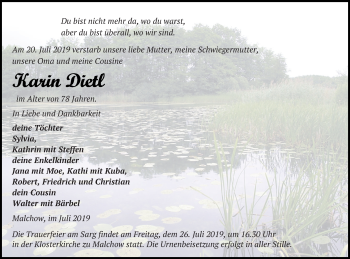 Traueranzeige von Karin Dietl von Müritz-Zeitung