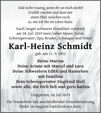 Traueranzeige von Karl-Heinz Schmidt von Haff-Zeitung