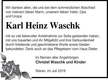 Traueranzeige von Karl Heinz Waschk von Mecklenburger Schweiz