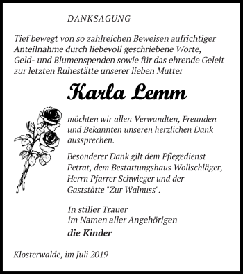 Traueranzeige von Karla Lemm von Templiner Zeitung