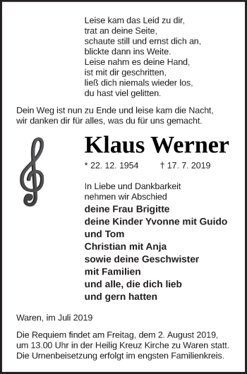 Traueranzeige von Klaus Werner von Müritz-Zeitung