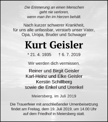 Traueranzeige von Kurt Geisler von Haff-Zeitung