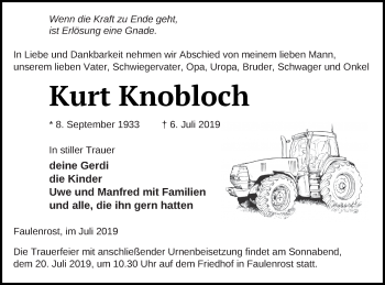 Traueranzeige von Kurt Knobloch von Mecklenburger Schweiz