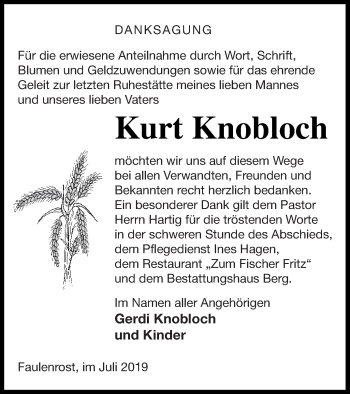 Traueranzeige von Kurt Knobloch von Mecklenburger Schweiz