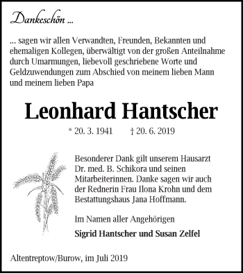 Traueranzeige von Leonhard Hantscher von Neubrandenburger Zeitung