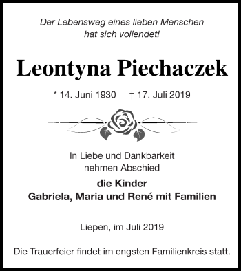 Traueranzeige von Leontyna Piechaczek von Mecklenburger Schweiz