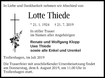 Traueranzeige von Lotte Thiede von Neubrandenburger Zeitung