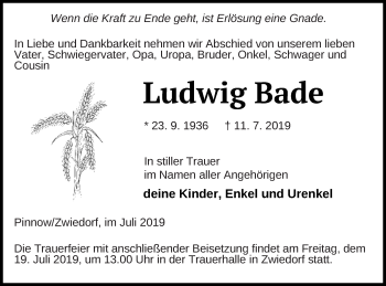 Traueranzeige von Ludwig Bade von Neubrandenburger Zeitung