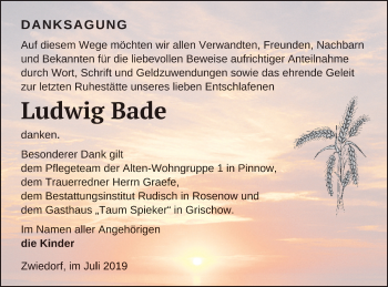 Traueranzeige von Ludwig Bade von Neubrandenburger Zeitung