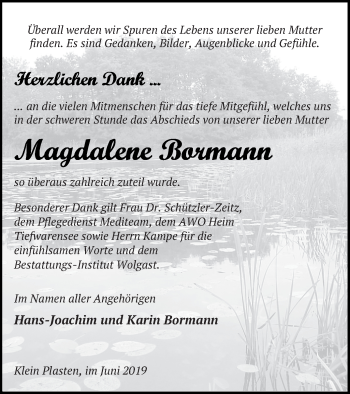 Traueranzeige von Magdalene Bormann von Müritz-Zeitung