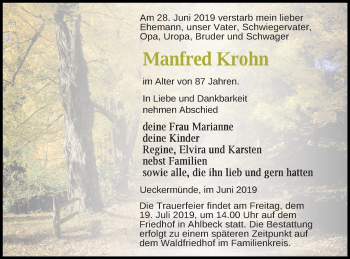 Traueranzeige von Manfred Krohn von Haff-Zeitung