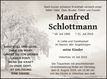 Traueranzeige von Manfred Schlottmann von Vorpommern Kurier