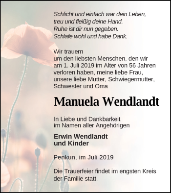 Traueranzeige von Manuela Wendlandt von Pasewalker Zeitung