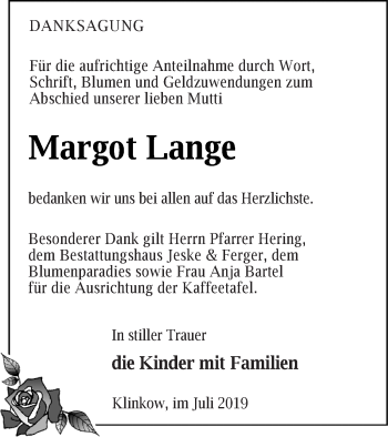 Traueranzeige von Margot Lange von Prenzlauer Zeitung