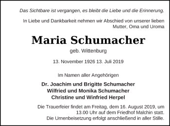 Traueranzeige von Maria Schumacher von Mecklenburger Schweiz