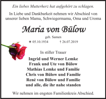 Traueranzeige von Maria von Bülow von Parchimer Zeitung