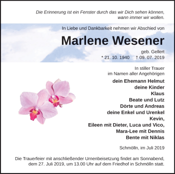 Traueranzeige von Marlene Wesener von Pasewalker Zeitung