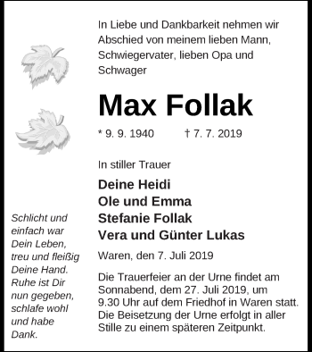 Traueranzeige von Max Follak von Müritz-Zeitung
