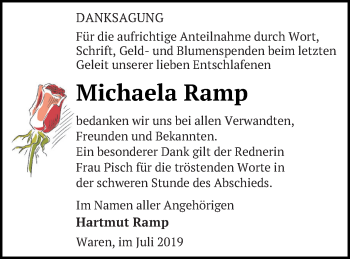 Traueranzeige von Michaela Ramp von Müritz-Zeitung