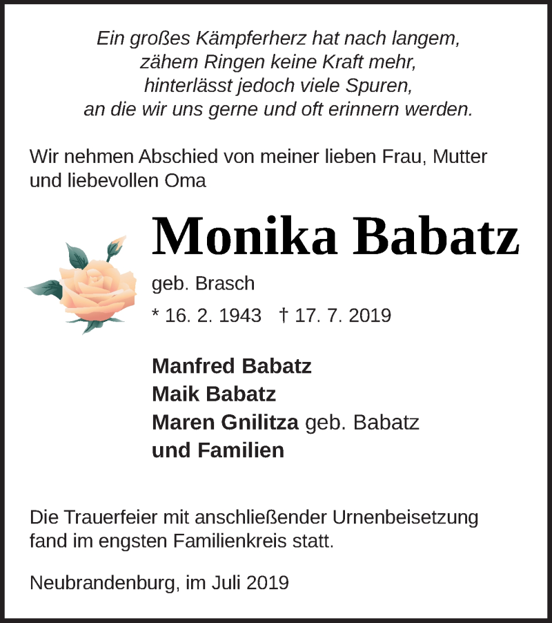  Traueranzeige für Monika Babatz vom 31.07.2019 aus Neubrandenburger Zeitung