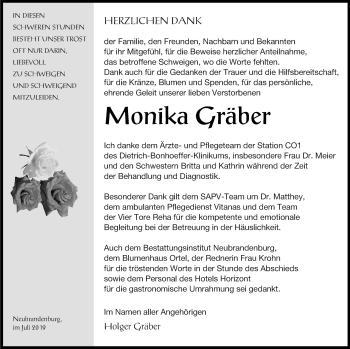 Traueranzeige von Monika Gräber von Neubrandenburger Zeitung