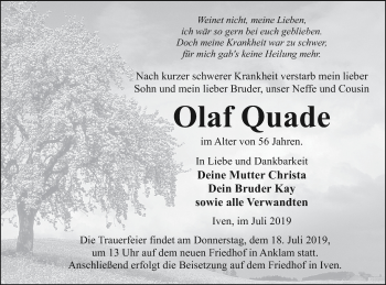 Traueranzeige von Olaf Quade von Vorpommern Kurier