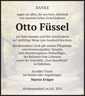 Traueranzeige von Otto Füssel von Templiner Zeitung