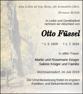 Traueranzeige von Otto Füssel von Templiner Zeitung