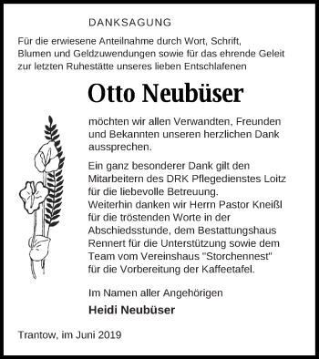 Traueranzeige von Otto Neubüser von Vorpommern Kurier