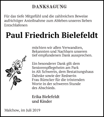 Traueranzeige von Paul Friedrich Bielefeldt von Müritz-Zeitung