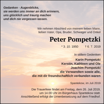 Traueranzeige von Peter Pompetzki von Vorpommern Kurier