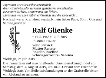 Traueranzeige von Ralf Glienke von Strelitzer Zeitung