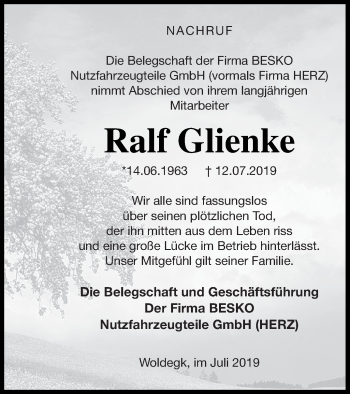 Traueranzeige von Ralf Glienke von Strelitzer Zeitung