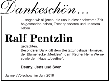 Traueranzeige von Ralf Pentzlin von Vorpommern Kurier