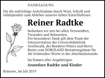 Traueranzeige von Reiner Radtke von Pasewalker Zeitung