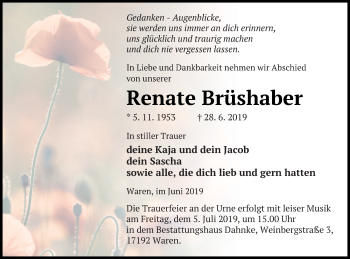 Traueranzeige von Renate Brüshaber von Müritz-Zeitung